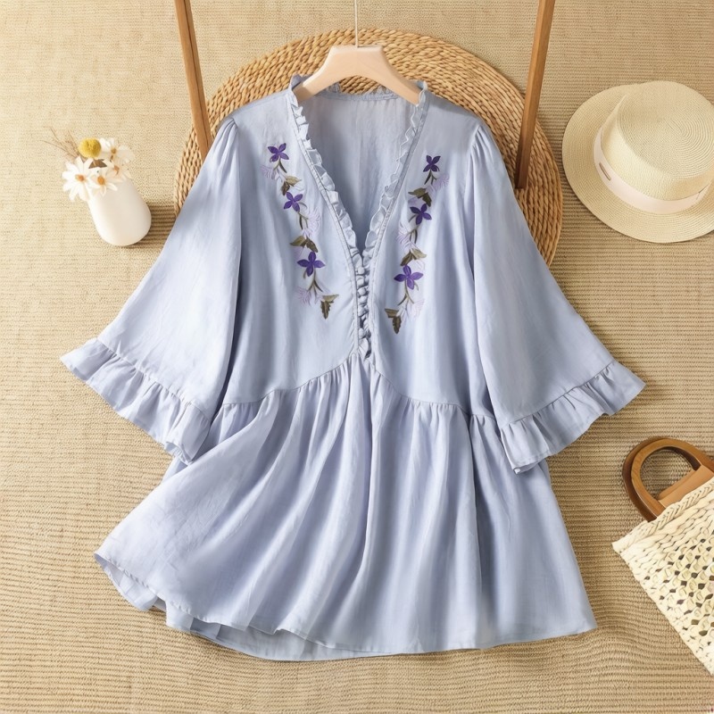 Embroidery Cotton Shirt - Элегантная фиолетовая хлопково-льняная рубашка с цветочной